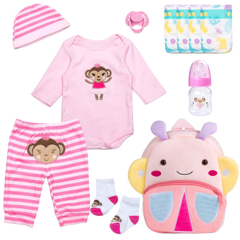 11-Pieces Reborn Baby Doll Clothes 17-22 Inch Girl Baby Doll Outfits and Accessories Set - Pacifier Magnetic Reusable Diaper and Cute Backpack