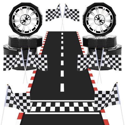 25 Pcs Race Car Party Decorations Include 8 Pcs 12 Inch Large Wheels Shaped Boxes 16 Racing Checkered Flags 1 Racetrack Floor Runner 79 Inch for Racing Themed Birthday Party Decor Supplies