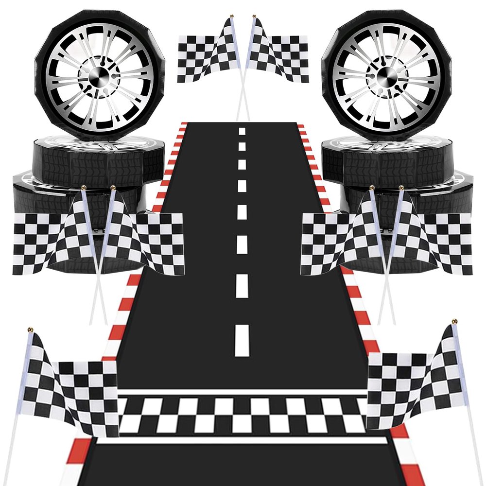 25 Pcs Race Car Party Decorations Include 8 Pcs 12 Inch Large Wheels Shaped Boxes 16 Racing Checkered Flags 1 Racetrack Floor Runner 79 Inch for Racing Themed Birthday Party Decor Supplies