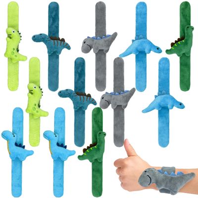 12 PCS Stuffed Dinosaur Animal Slap Bracelets Plush Animal Snap Bracelets Cute Wrist Slap Band Toy Wrist Animals Wrist Pets Slap Bracelet Wrist Toy for Boys Girls Birthday Gifts Party Favors 6 Styles