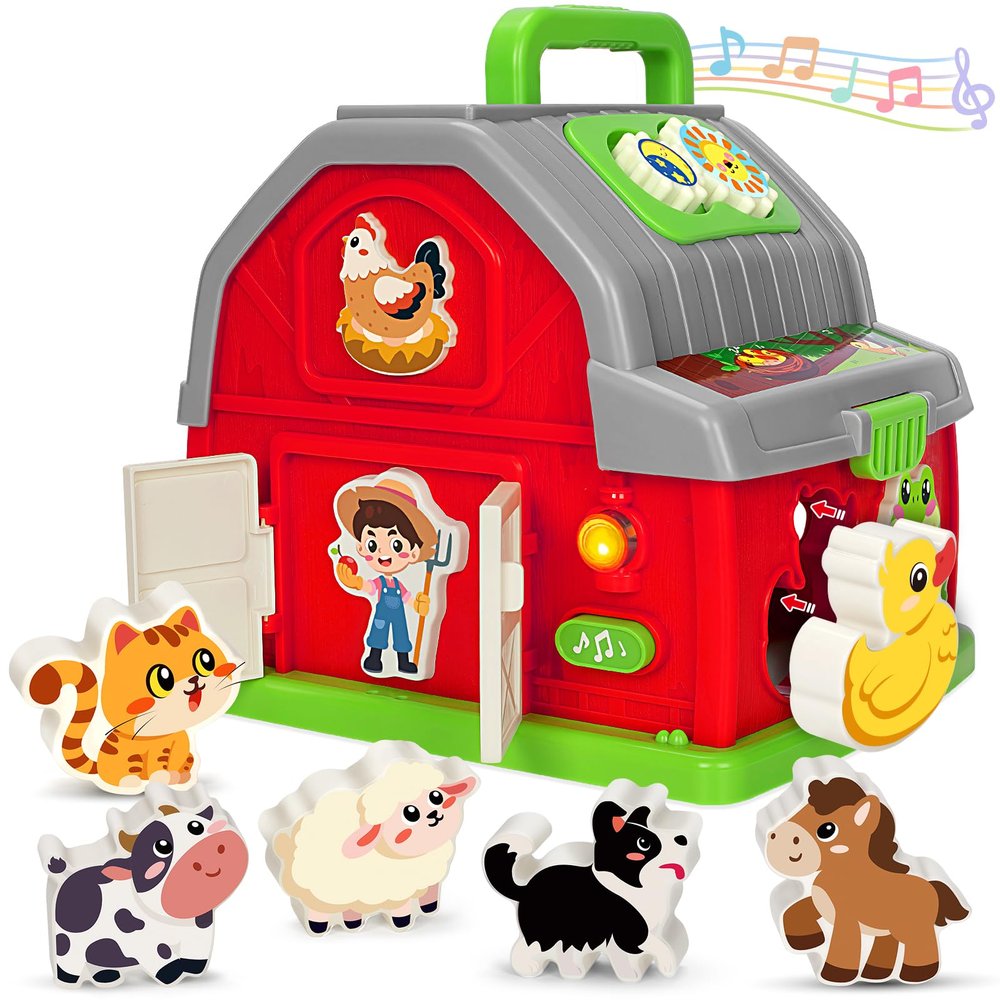 Ellinjan Montessori Learning Toys for 1 2 3 Year Old Boys Girls, Musical Farm Animals for Toddlers 1-3, Interactive Barn Toy with Light & Sound, Birthday Gifts for Baby Kid Toddler Age 12-18 Months