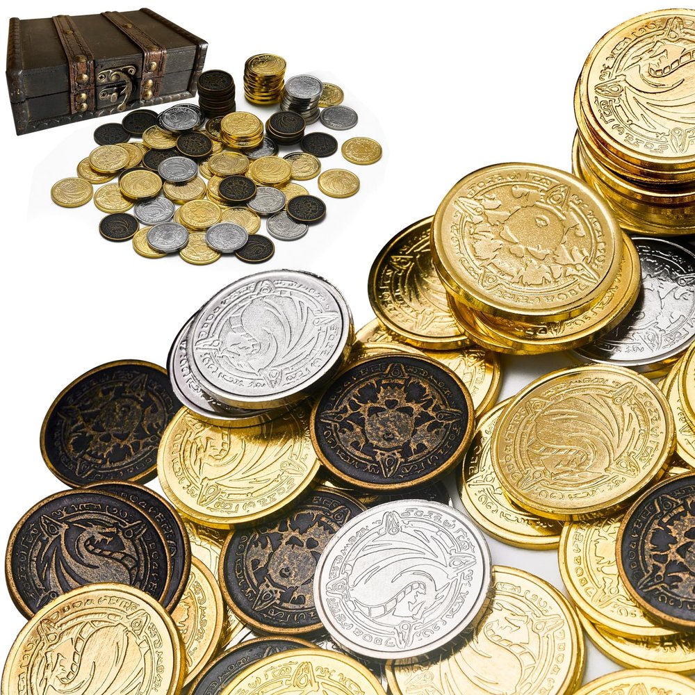 ACTIONDRAKE Metal Pirate Coins, 110 Pieces Lots of Toys Gold Coins for Board,for DND Props Accessories, Treasures and Treasure chests Fantasy Dragon Coinsfor RPG Tablelap
