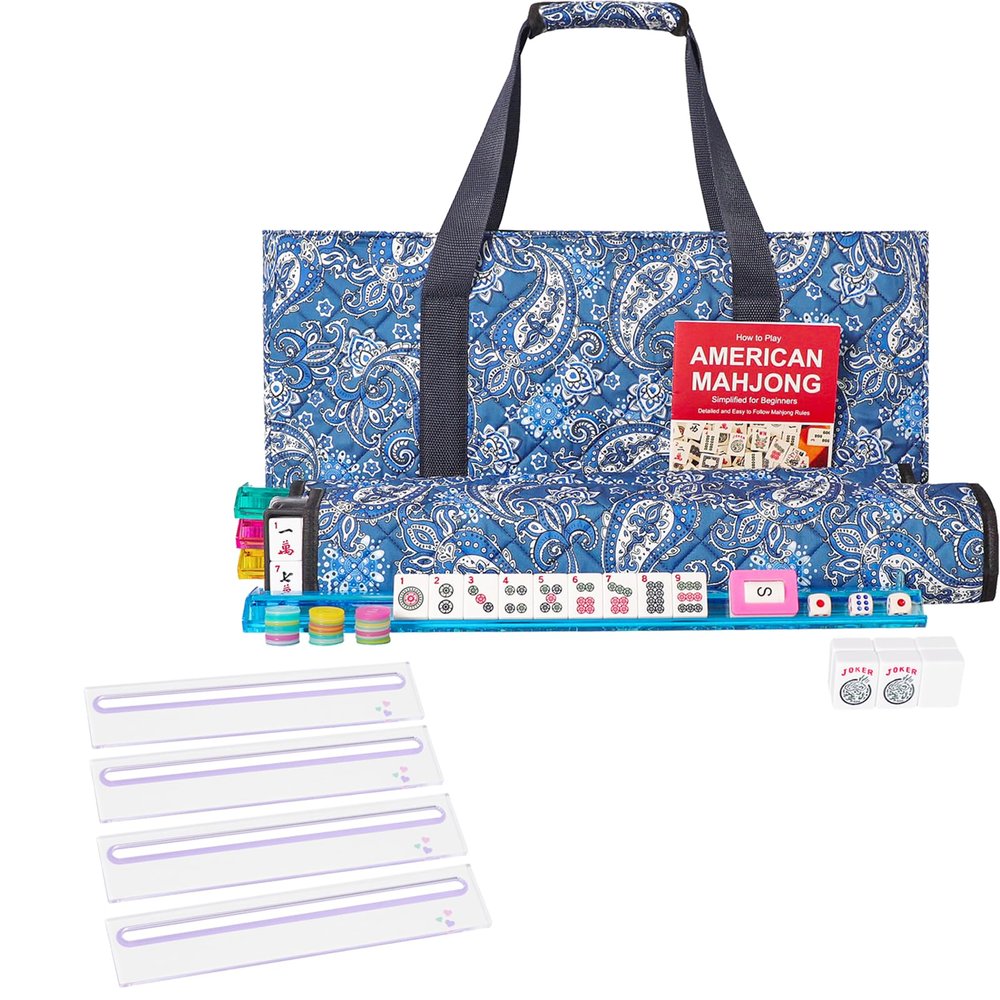 American Mahjong Game Set,166 White Tiles,4 All-in-One Color Rack/Pushers,Mahjong Tile Set with Blue Bag, 4 PCS Card Readers for Mahjong (Purple),Card Line Finders&Rules Helpers,Mahjong Accessories