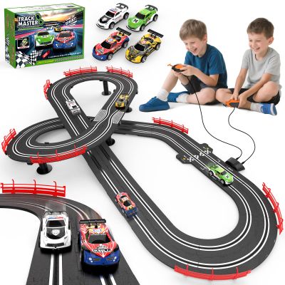 3-in-1 Slot Car Race Track Set with 4 High-Speed Cars, Electric Track, Dual Racing Game with Lap Counter & 2 Controllers, and Circular Overpass Design Toy Gift for Boys Kids Ages 4-6 6-8 8-12