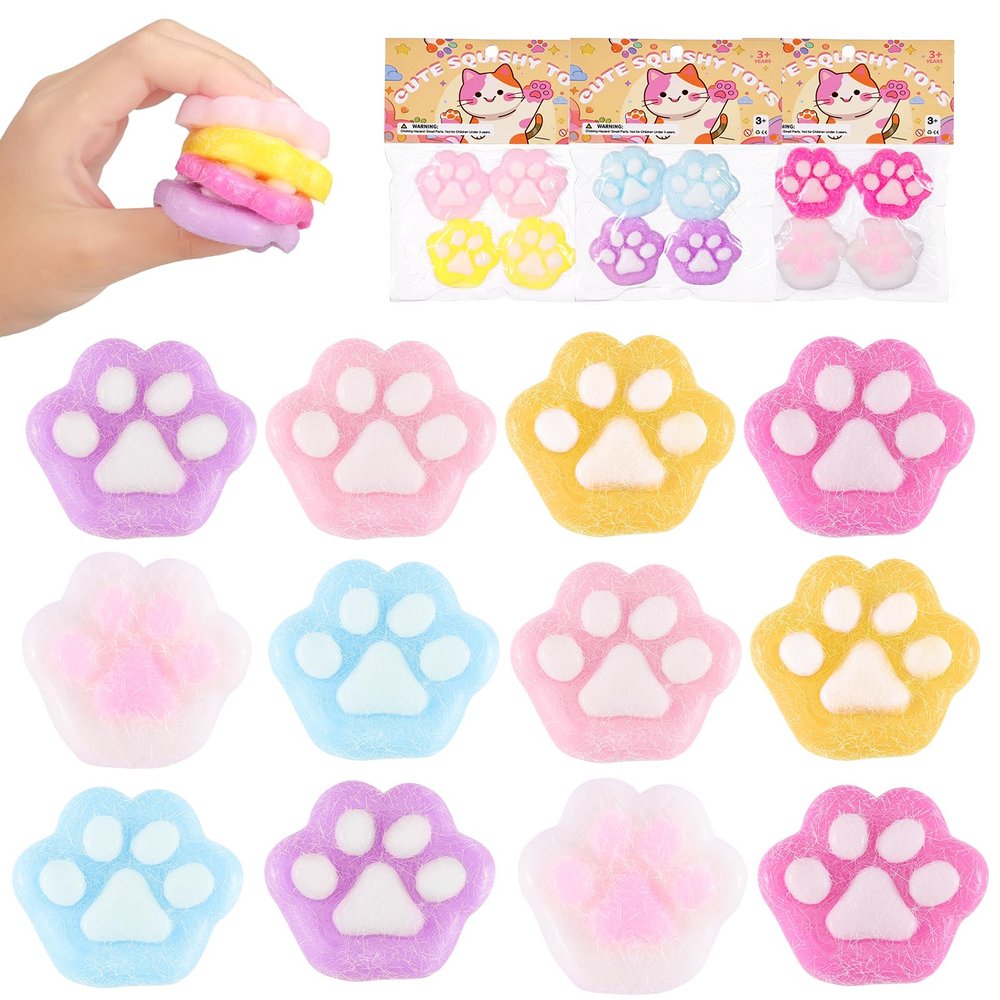 12Pcs Cat Paw Squishy Toys - Kawaii Cat Paw Mochi Squishy Sensory Toys for Kids, Mini Stress Relief Fufu Toys, Handmade Soft Pull & Stretch Squishies for Kids & Adults