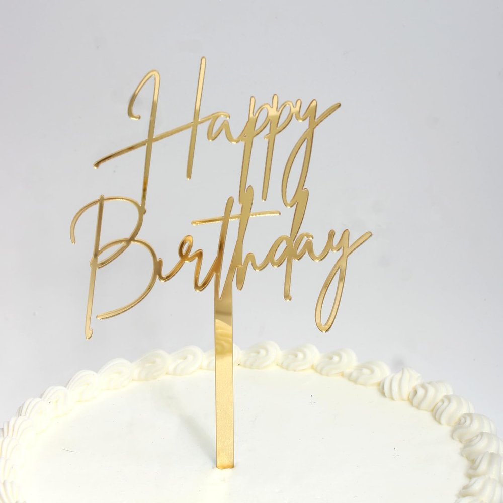 1PCS Gold Happy Birthday Cake Topper, 4.3 x 7.4 Inches Mirrored Gold Acrylic Versatile Cake Decorations, Mirror Acrylic Cake Topper for Birthdays, Anniversaries, Birthday Party Decoration Ideas