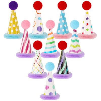 Atiloy Mini Party Hats for Stuffed Animals Figures Toys Cute Cake Cone Birthday Party Hats with Pom Poms for Stuffed Animals Pets Baby, Accessories