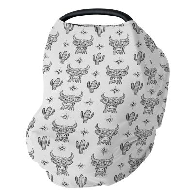 Boho Western Cow Cactus Baby Car Seat Covers Black and White Highland Yak Stretchy 5-in-1 Cover Adjustable Infant Carseat Canopy Cover Wild West Animal Breathable Nursing Cover-Up