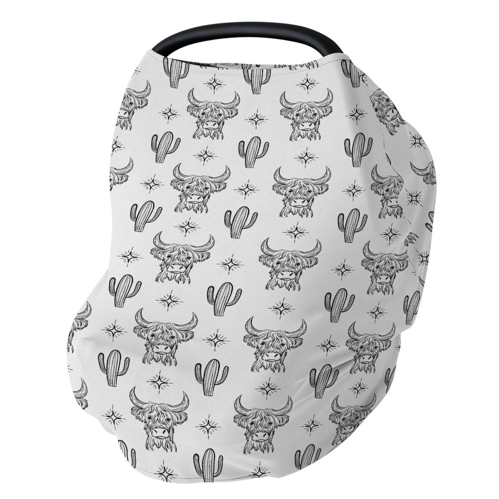 Boho Western Cow Cactus Baby Car Seat Covers Black and White Highland Yak Stretchy 5-in-1 Cover Adjustable Infant Carseat Canopy Cover Wild West Animal Breathable Nursing Cover-Up