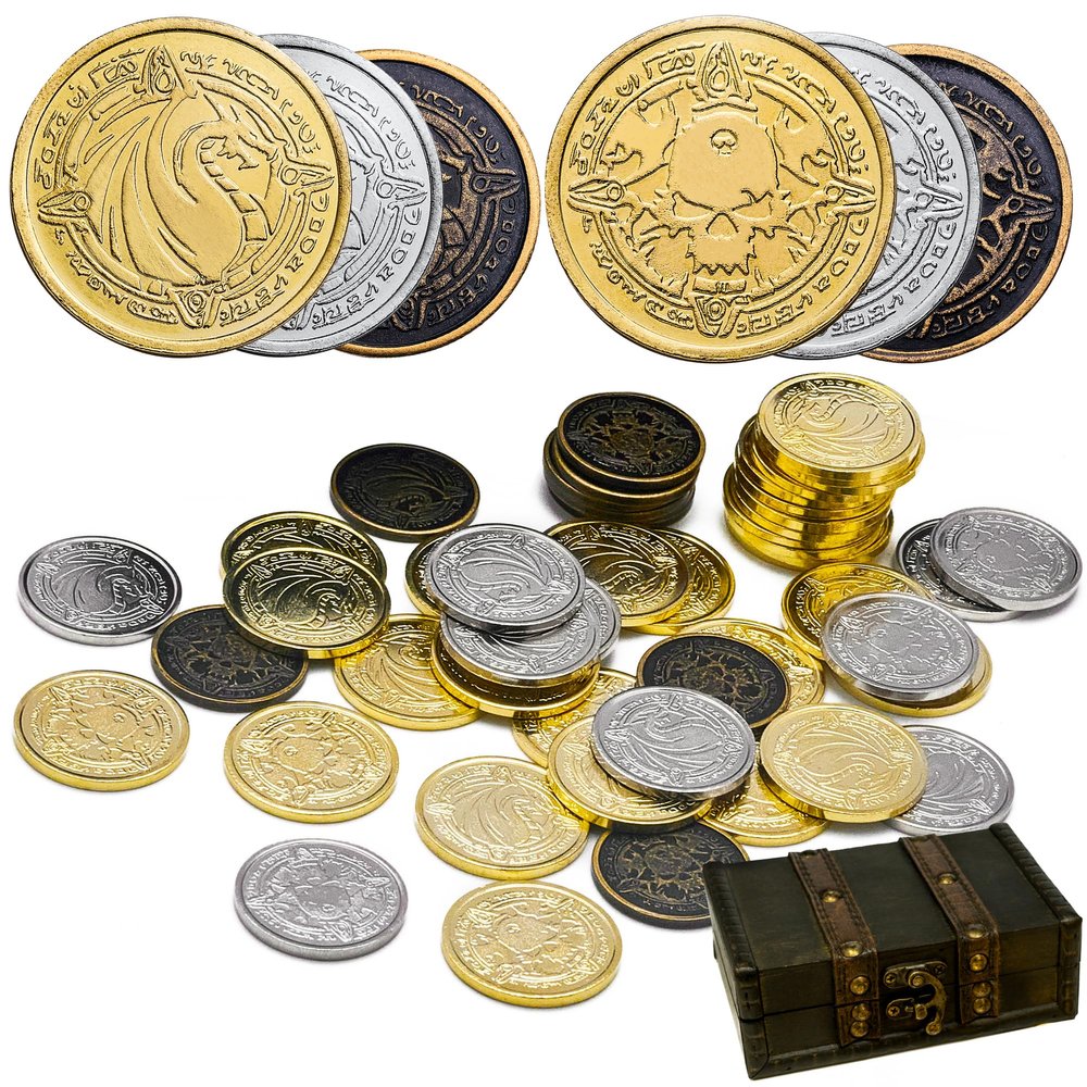 ACTIONDRAKE Metal Pirate Coins, 50 Pieces Lots of Toys Gold Coins for Board,for DND Props Accessories, Treasures and Treasure chests Fantasy Dragon Coinsfor RPG Tablelap