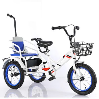 Blue,16 inches,JIYIAN Children's Pedal Tricycle Handle Bars Trike Bicycle with Basket Widened Tires 3 Wheels Bike Gift Outdoor Toys Has Two Seats That Can Carry Twins Babies