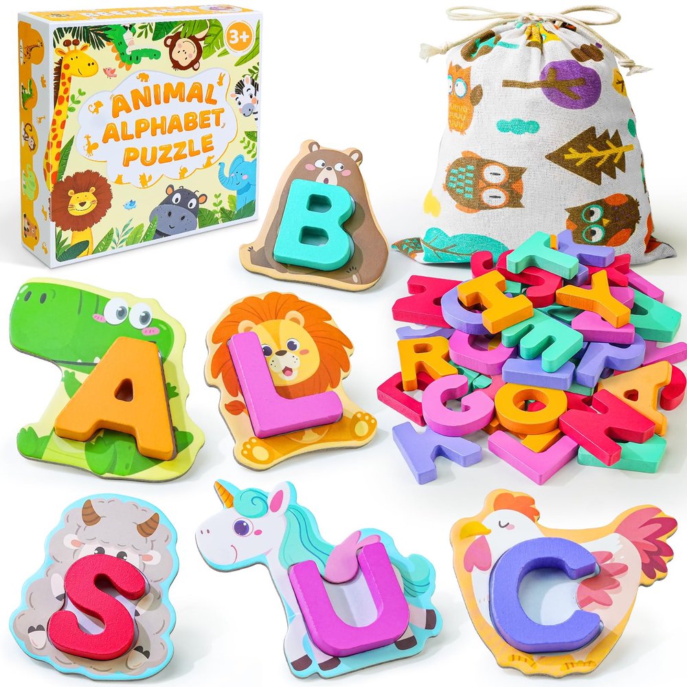 BEESTECH Animal Alphabet Flash Cards, Wooden Letter Puzzle, Educational ABC Learning Toys for 3 4 5 Year Old Boys Girls Toddlers, Preschoolers Matching Game