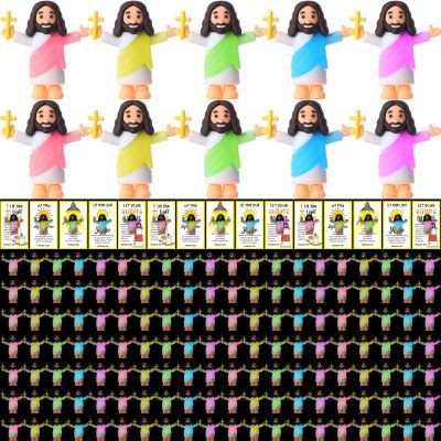 CroBlissful Mini Jesus Figurines Glow in The Dark with Let Your Light Shine Cards for Christian Easter Gifts Church Sunday School Religious Gifts for Easter Egg Fillers(100 Sets,Hold up The Cross)