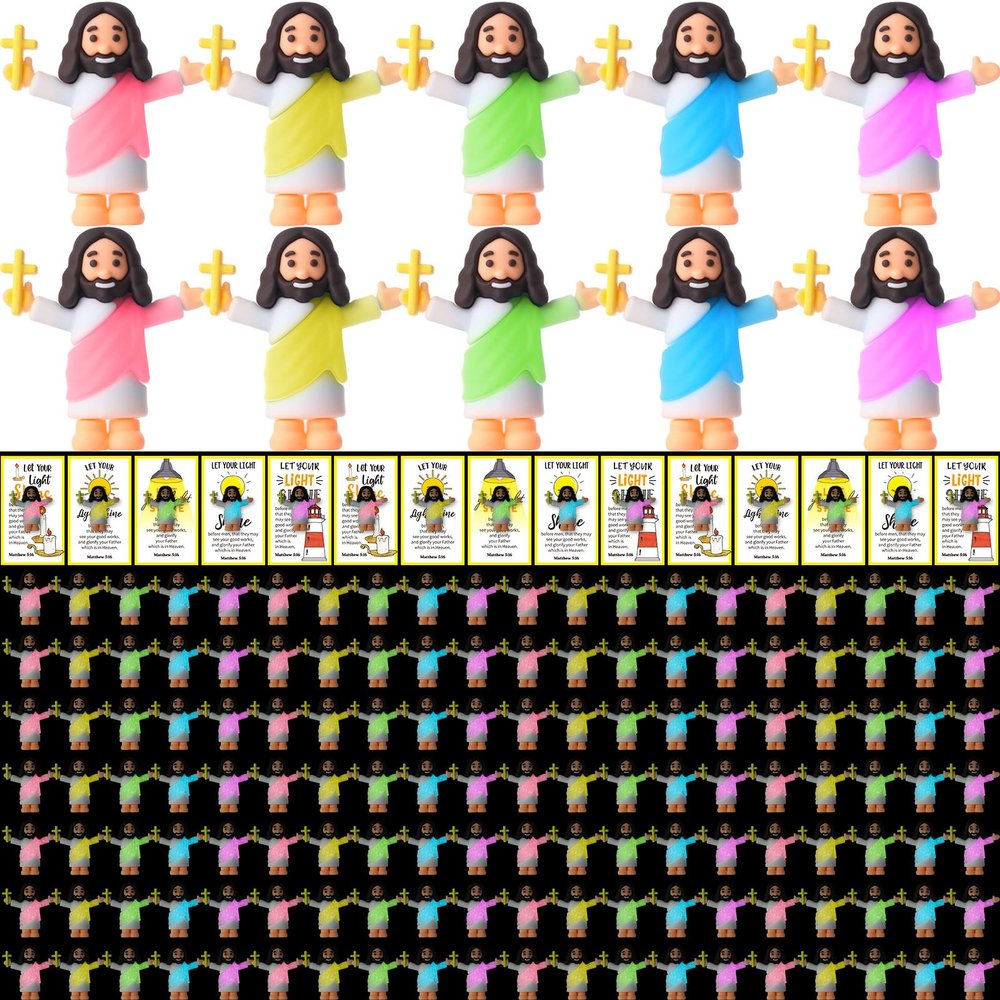 CroBlissful Mini Jesus Figurines Glow in The Dark with Let Your Light Shine Cards for Christian Easter Gifts Church Sunday School Religious Gifts for Easter Egg Fillers(100 Sets,Hold up The Cross)