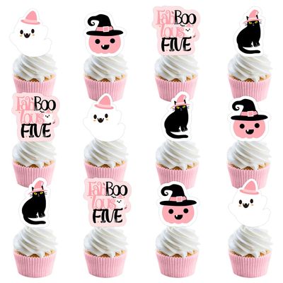 Halloween Cupcake Toppers for 5th Birthday, Fabboolous Five Cake Picks Pink Black Ghost Cat Pumpkin Cake Decorations for Kids Halloween Theme 5th Birthday Party Supplies