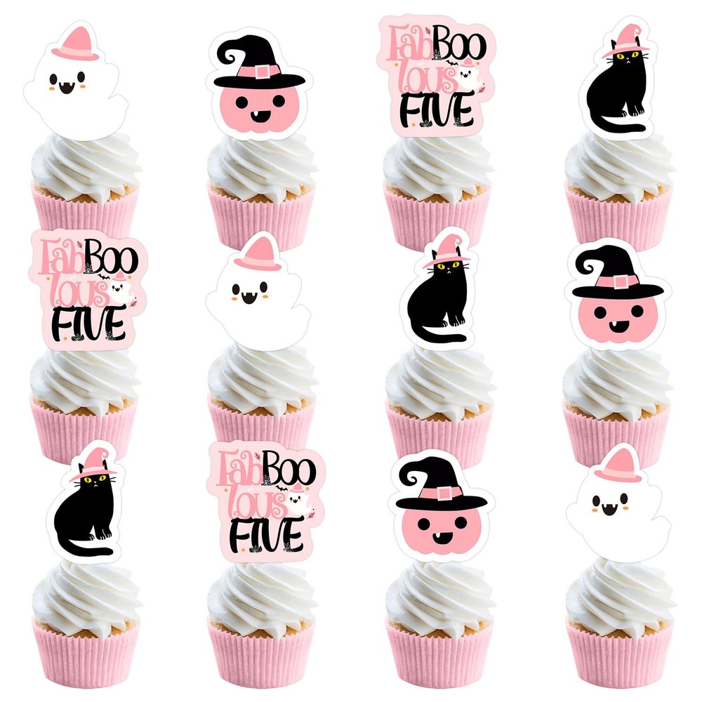 Halloween Cupcake Toppers for 5th Birthday, Fabboolous Five Cake Picks Pink Black Ghost Cat Pumpkin Cake Decorations for Kids Halloween Theme 5th Birthday Party Supplies