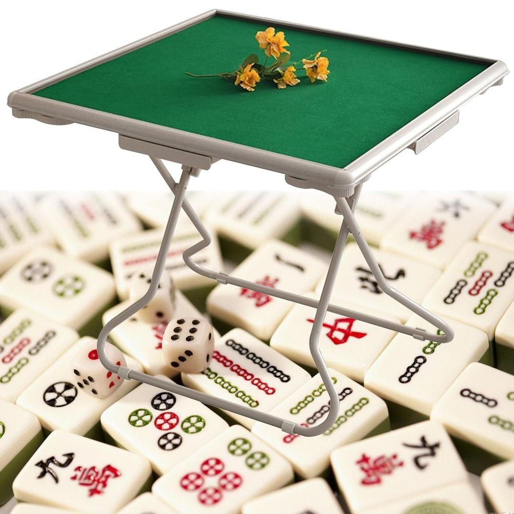 Folding Mahjong Table for 4 Players, Square Card with Cup Holders & Drawer, Portable Game Table, White(White)