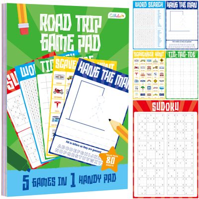Road Trip Game Pad, 80 Perforated Sheets Travel Activity Pad, 5 Games in 1 Pad, Plane, Car Trip Activity, Pen Pencil & Paper Game for Kids, Adults (6 x 9)