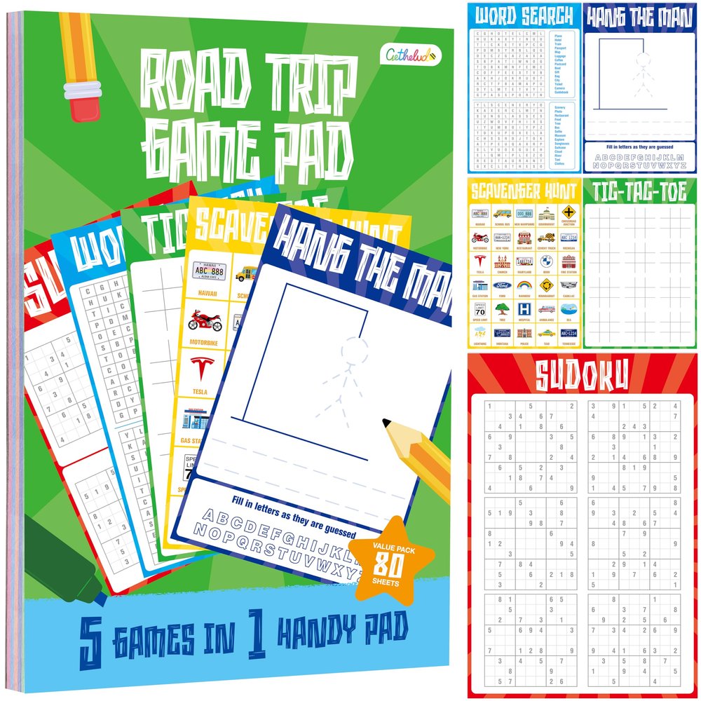 Road Trip Game Pad, 80 Perforated Sheets Travel Activity Pad, 5 Games in 1 Pad, Plane, Car Trip Activity, Pen Pencil & Paper Game for Kids, Adults (6 x 9)