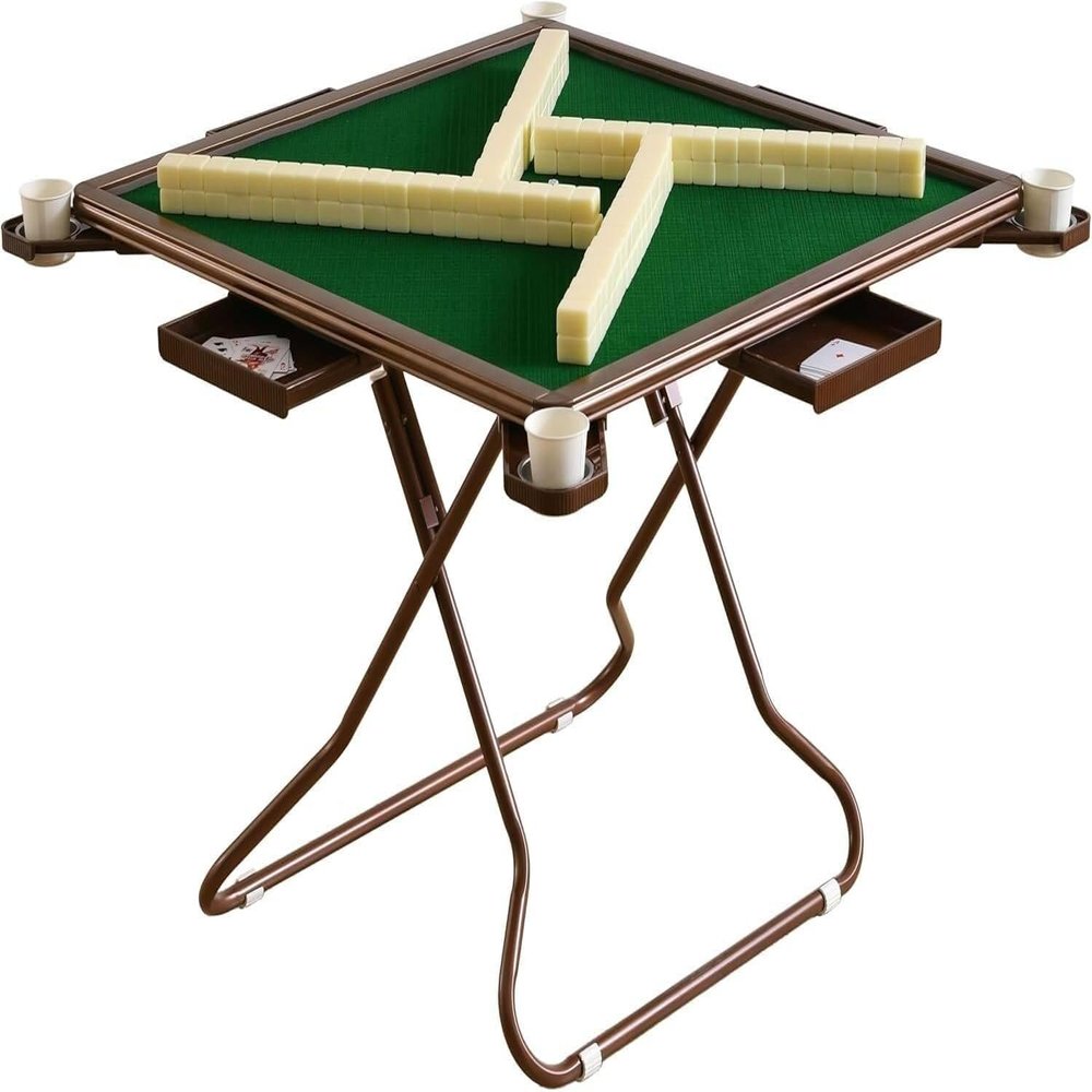 Foldable Mahjong Table, Square Card Table with Cup Holders & Small Drawer for Poker, Mahjong, Board Games - Rose Gold(Rose Gold)