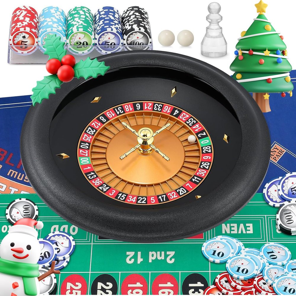 Proshine 18" ABS Roulette Wheel Set with 47.2 * 23.6 Double-Sided Roulette Tablecloth 100pcs Poker Chips Roulette Win Marker Dual Balls Casino Game Sets Smooth Rotation for Family & Party Fun