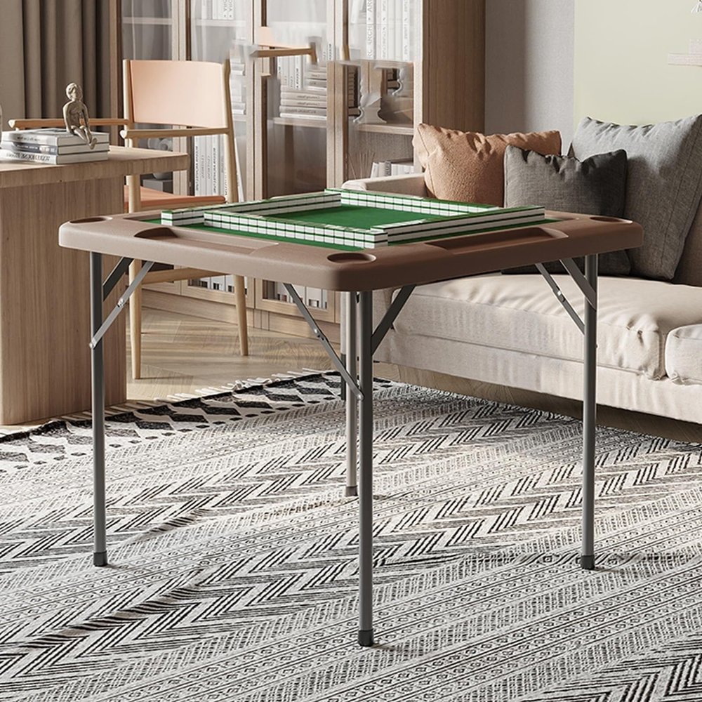 Folding Mahjong Table with PVC Desktop, 35.5" Square Card Table with 144 Mahjong Tiles & Cup Holders, Portable & Sturdy (Brown)(Black)
