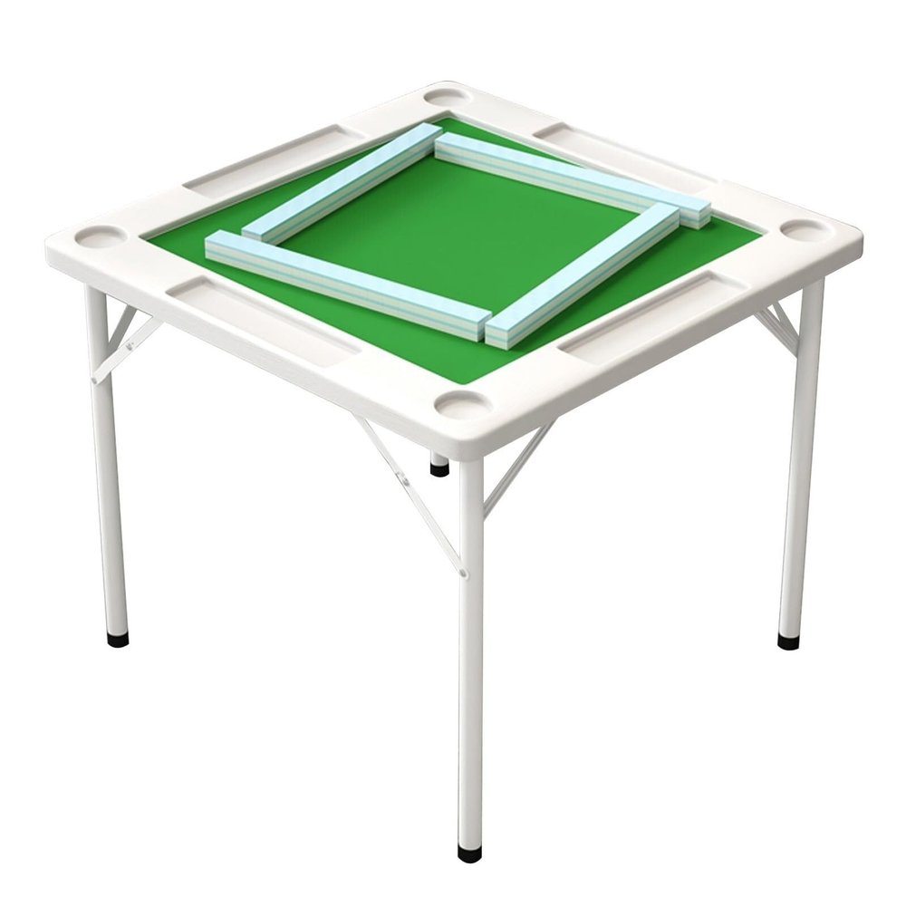 Foldable Mahjong Table, Square Game Table for 4 Players, with Cup Holders & Chip Trays, Grey PVC Desktop(White)