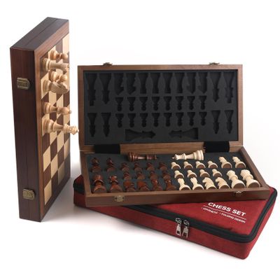 15" Magnetic Chess Set with Foldable Board & Travel Bag - Professional Wooden Chess Game, Luxury Storage Bag - Perfect Christmas/Birthday for Men, Dad (Chess Set + Bag)