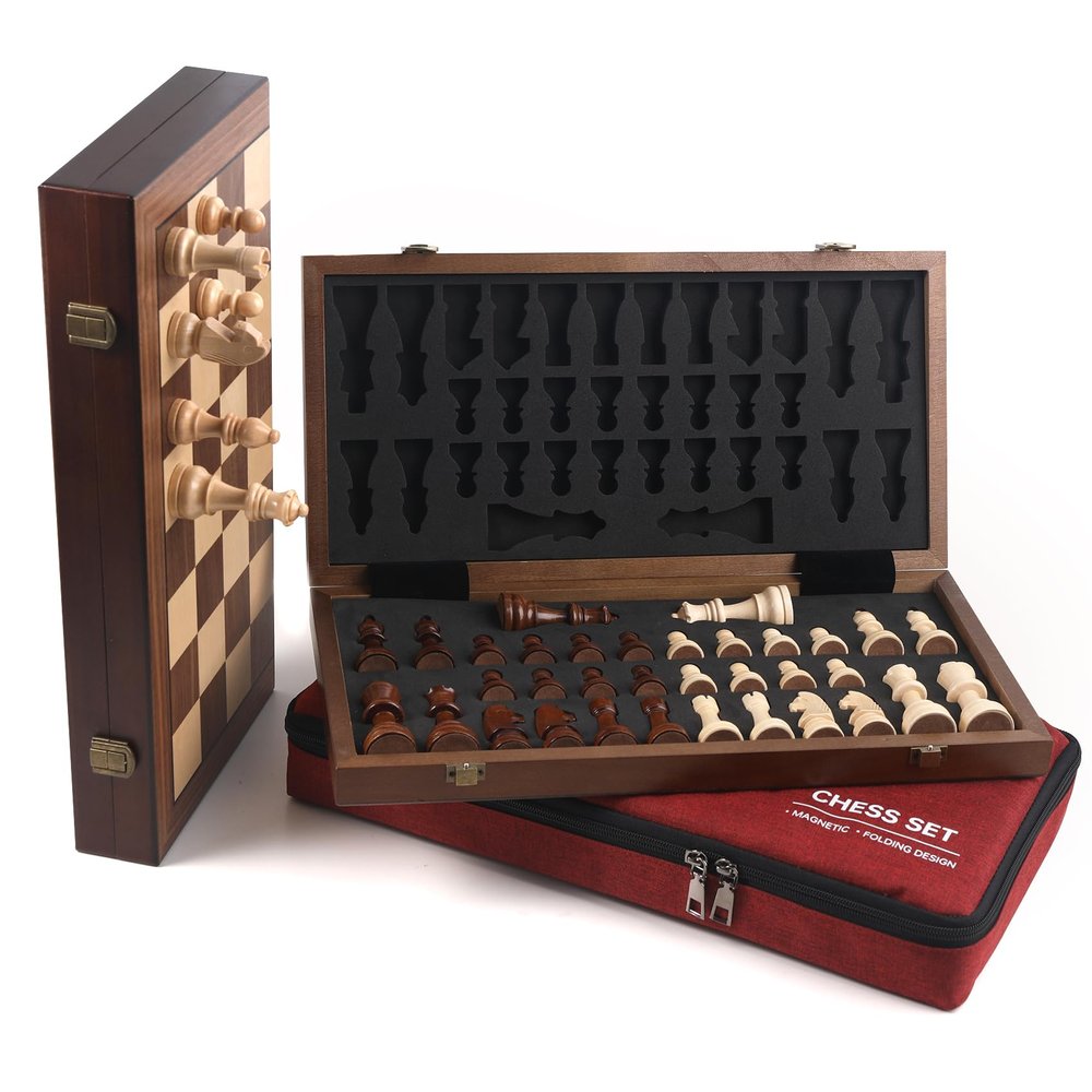 15" Magnetic Chess Set with Foldable Board & Travel Bag - Professional Wooden Chess Game, Luxury Storage Bag - Perfect Christmas/Birthday for Men, Dad (Chess Set + Bag)