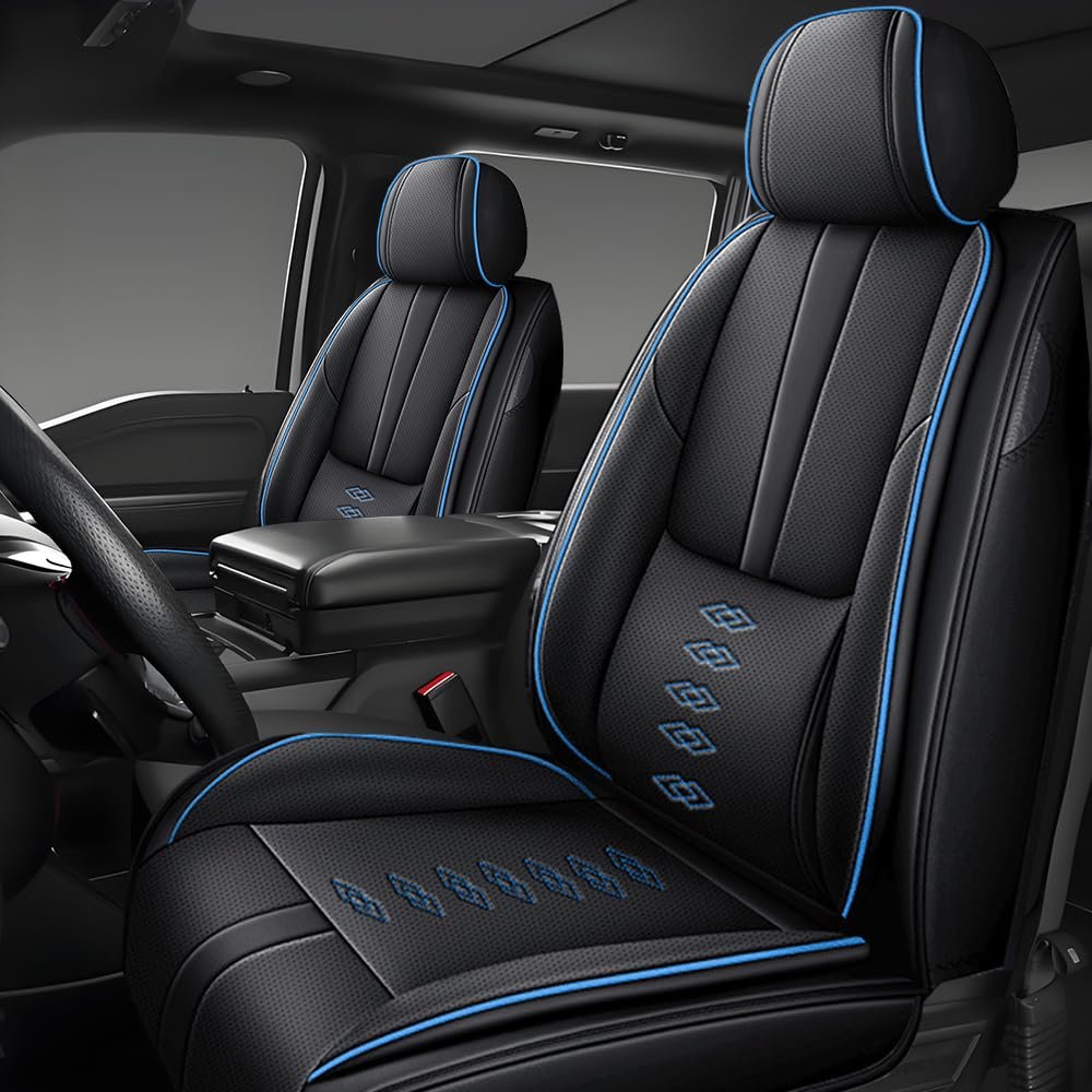 QUFEI Front Seat Covers for Mercedes-Benz GLE 450 Plug-in Hybrid 2024,Leather Car Seat Cover,Soft Seat Cushion Covers with Airbag,Waterproof Automobile Seat Protectors(Black Blue,Standard)
