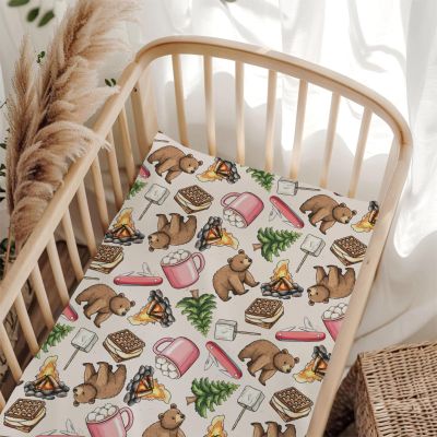 Cute Camping Bear Pine Trees Pink Fitted Baby Crib Sheet for Boys Girls 52x28Inch Bears Cookie Campfire Baby Sheet for Standard Crib and Toddler Camp Bed Mattress Bear One Size