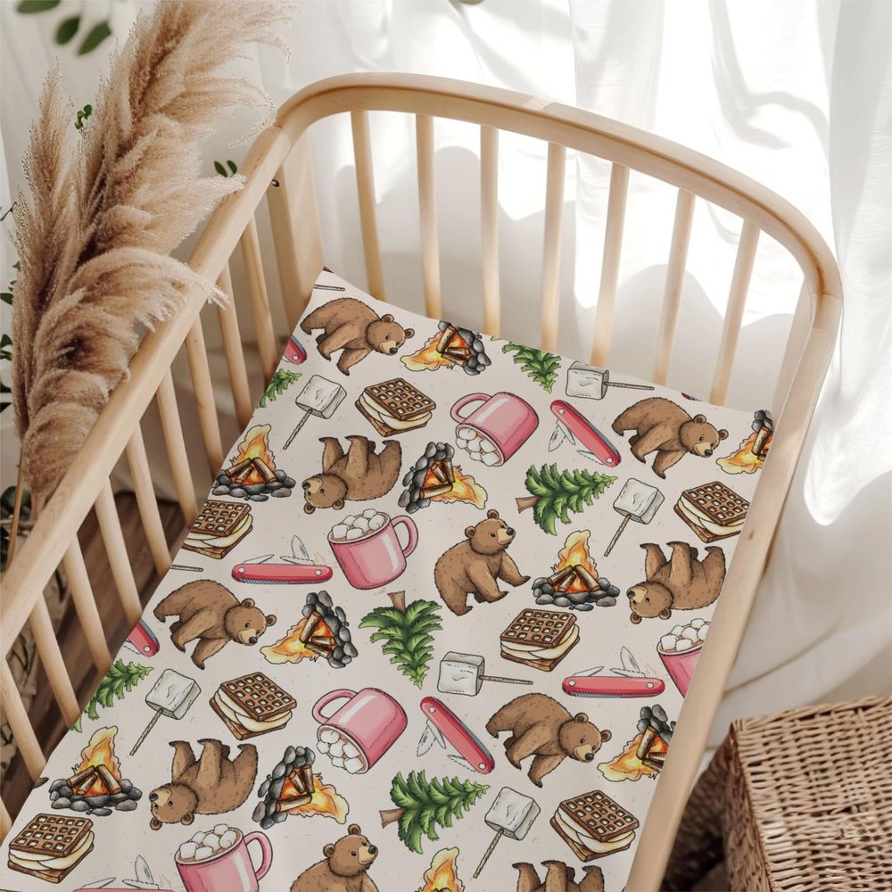 Cute Camping Bear Pine Trees Pink Fitted Baby Crib Sheet for Boys Girls 52x28Inch Bears Cookie Campfire Baby Sheet for Standard Crib and Toddler Camp Bed Mattress Bear One Size