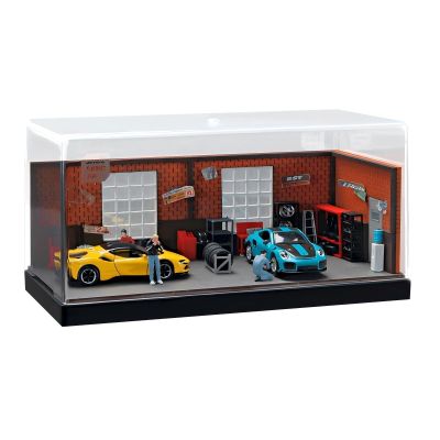 1:64 Scale Model Garage Model with dust Cover, Lighted Workshop Scene Model with Repair Parts and Two Miniature Dolls, Display case for Hot Wheels and Matchbox Cars