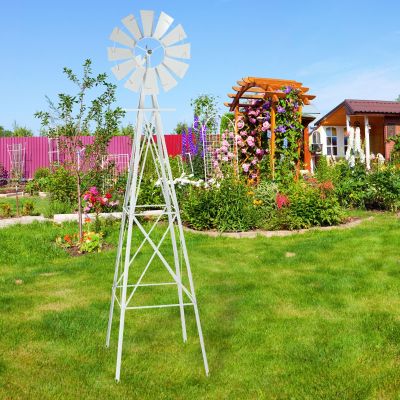 8FT Ornamental Windmill, Heavy Duty Durable Sturdy Metal Weather Vane Garden Lawn Decoration, Weather Resistant Wind Spinner for Outdoor Garden Yard Farm Seaside, Easy to Assemble, White