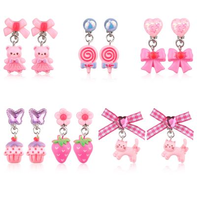 6 Pairs Colorful Clip on Drop Earrings Set, Resin No Pierced Design Dangle Earrings Cute Butterfly Ear Clips for Party Daily Wearing Princess Jewelry