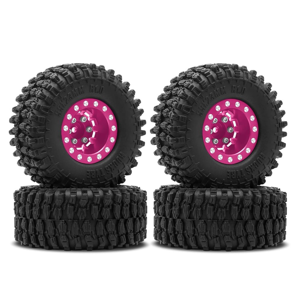 4PCS 1.0 Rubber Tires Wheel & Deep Dish Wheels for 1/18 TRX4M Wheel,1/24 SCX24 AX24 Aluminum Wheel Climbing Bike RC Car Crawler Upgrades Parts(Pink)
