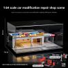 1:64 Scale Model Garage Model with dust Cover, Lighted Workshop Scene Model with Repair Parts and Three Miniature Dolls, Display case for Hot Wheels and Matchbox Cars view 4