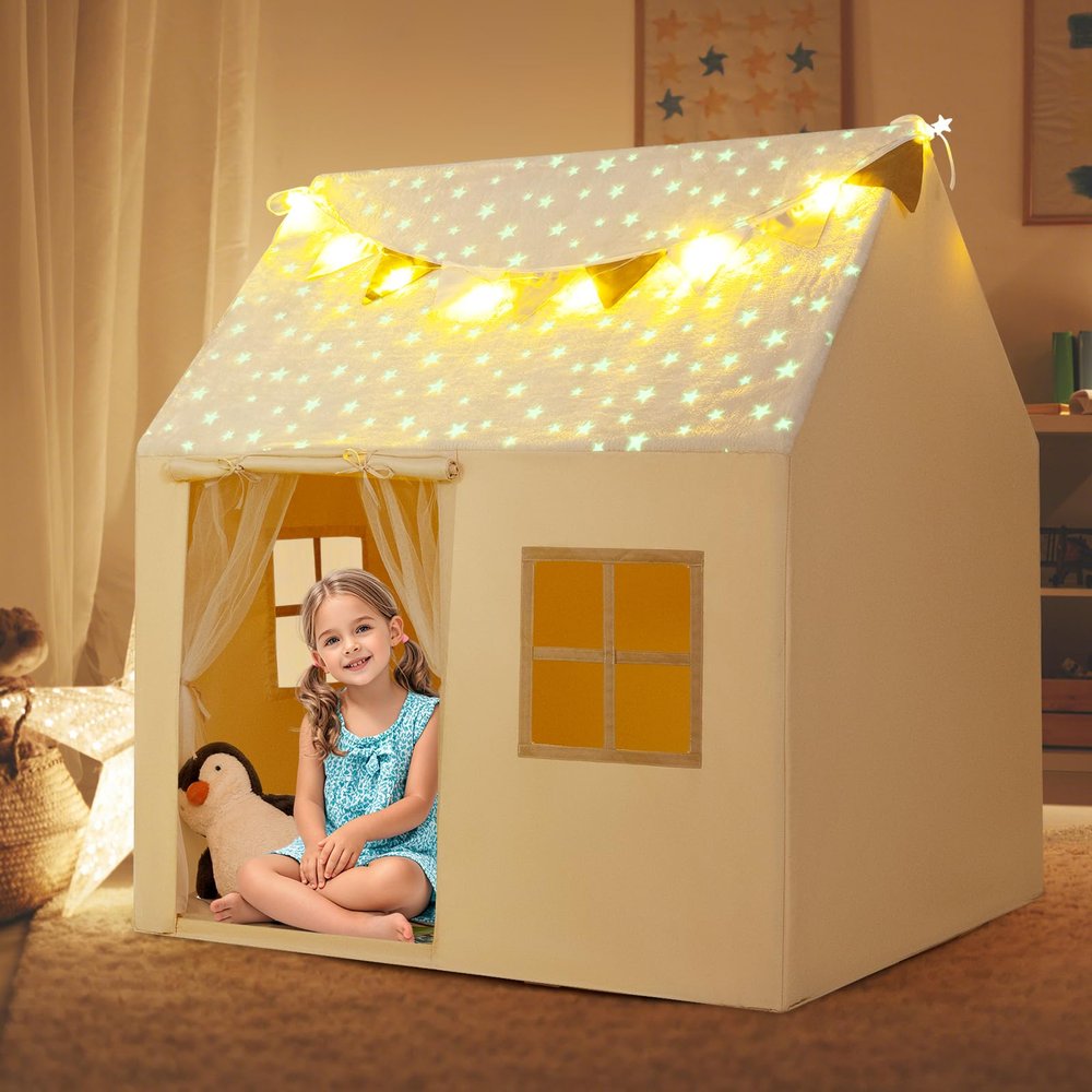 Costzon Kids Tent with Padded Mat, Toddlers Castle w/Light String, Glow-in-The-Dark Fabric, Colorful Flags, Roll-up Door, 2 Windows, Indoor Playhouse for Children Over 3 Years Old