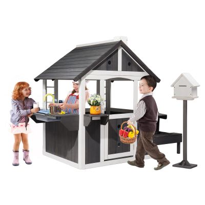 VALUE BOX Wooden Kids Outdoor Playhouse,Garden Cottage with Kitchen Sink,Picnic Table,Mailbox,Flower Pot Rack,Gift for Ages 3+,White & Gray