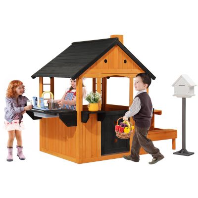 VALUE BOX Wooden Kids Outdoor Playhouse,Garden Cottage with Kitchen Sink,Picnic Table,Mailbox,Flower Pot Rack,Gift for Ages 3+,Brown & Black
