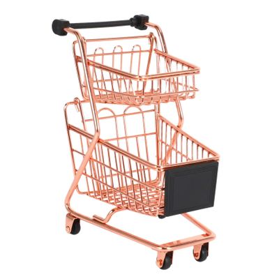 Yaregelun Mini Double Layers Shopping Cart Model Wrought Iron Supermarket Trolley Metal Rose Gold Storage Basket Rose Gold