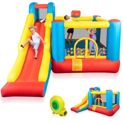 VALUE BOX Inflatable Bounce House with Slide, Bouncy Castle with Blower for Kids w/Large Bounce Area and Long Slide, Suitable for Birthday and Holiday Party, Perfect for Indoors and Outdoors
