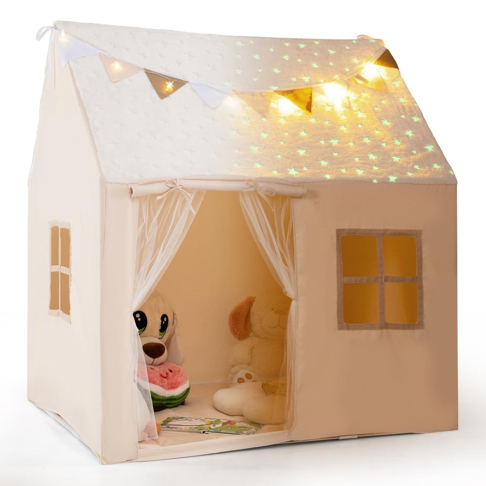 HONEY JOY Kids Tent, Large Toddler Playhouse w/Padded Mat, Star Lights, Flags, Windows, Glow in The Dark, Indoor Outdoor Playset, 47 x 41 x 51, Washable, Tent for Kids Aged 3+