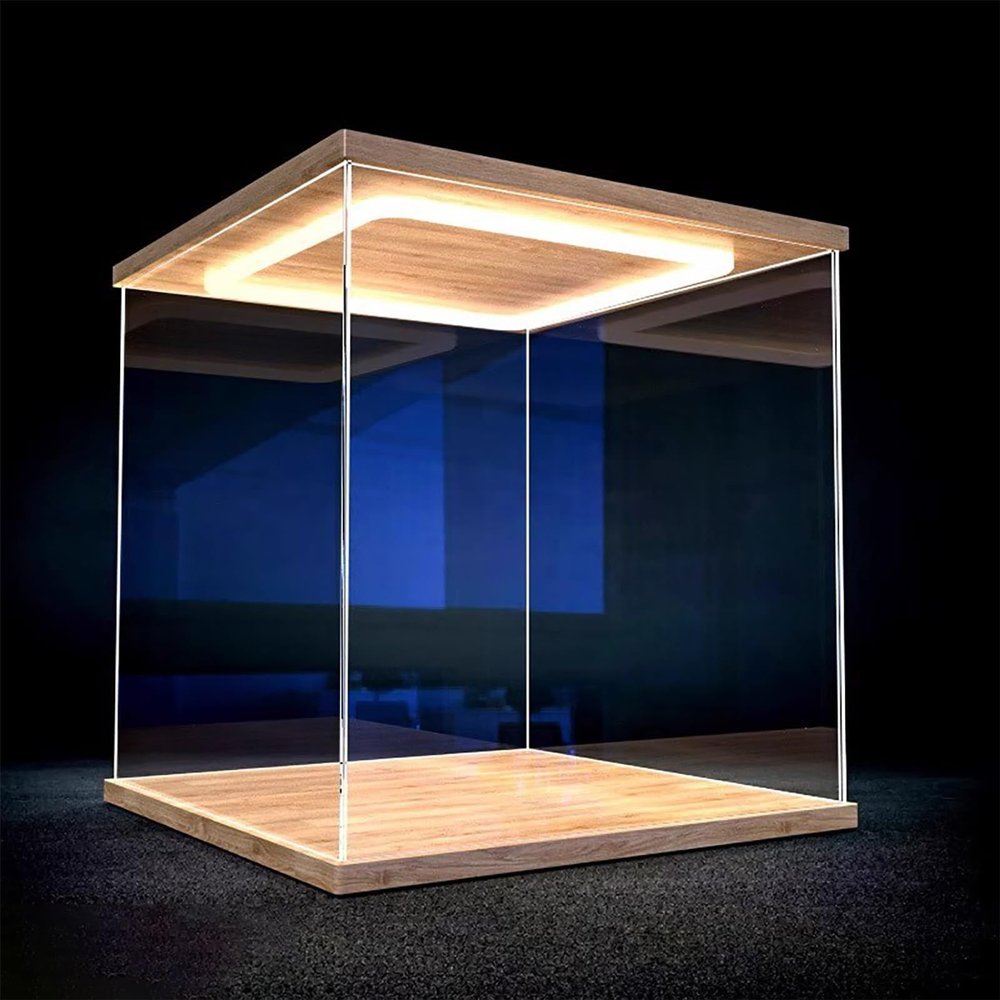 Vibeo Led Light Acrylic Display Case, Dustproof Acrylic Box with Door, Transparent Display Box with Base, Minifigures/Cars/Toys Showcase Stand(25x25x25cm(10"x10"x10"))