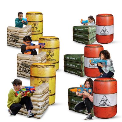 12-Piece Inflatable Combat Battlefield Set Includes 6 Barrels, 3 Army Boxes, 3 Sandbag Barricades for Laser Tag, Water Gun, Dart Blaster, and Action-Themed Parties
