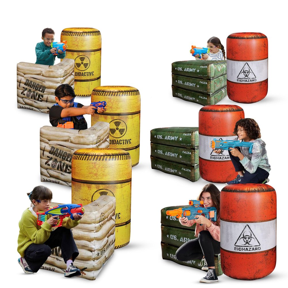 12-Piece Inflatable Combat Battlefield Set Includes 6 Barrels, 3 Army Boxes, 3 Sandbag Barricades for Laser Tag, Water Gun, Dart Blaster, and Action-Themed Parties