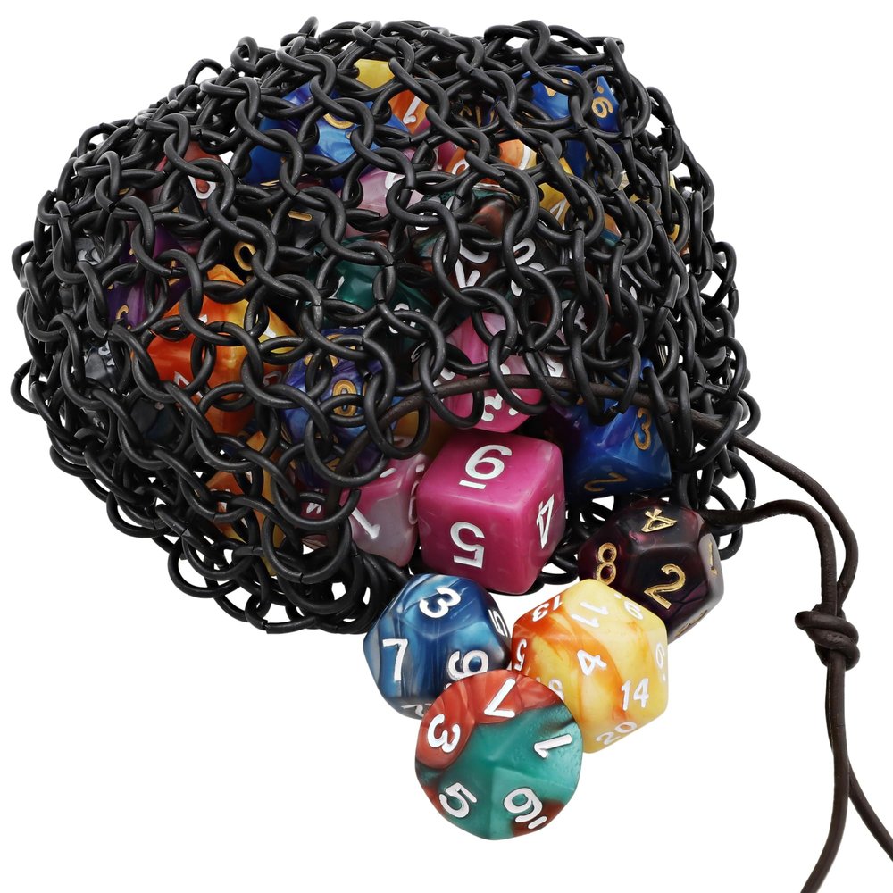 Armory Replicas Medieval Black Chainmail Dice Bag - Mild Steel 95% Iron, Leather Cord, 9/18 Double Ring, 800g RPG, LARP, Renaissance