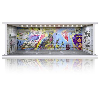 1/64 Scale Cars Display Case: Toy Car Parking Garage with LED Light Compatible with Hot Wheels, FoamBoard Storage Display for Matchbox with Acrylic Cover (Graffiti Wall 1986)