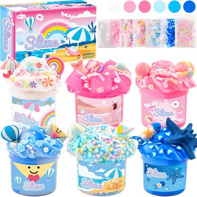 6 Pack Slimes, Pink & Blue, Cloud Butter & Clear Slime Kit