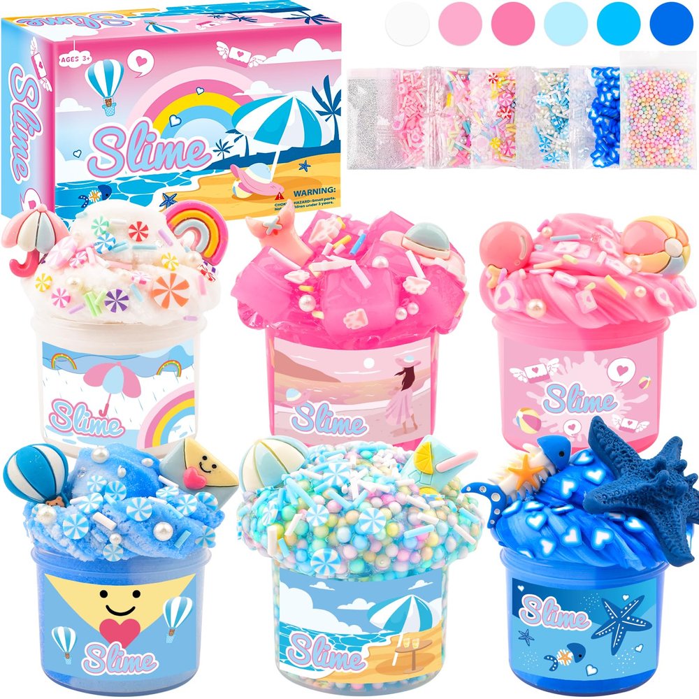 6 Pack Slimes, Pink & Blue, Cloud Butter & Clear Slime Kit